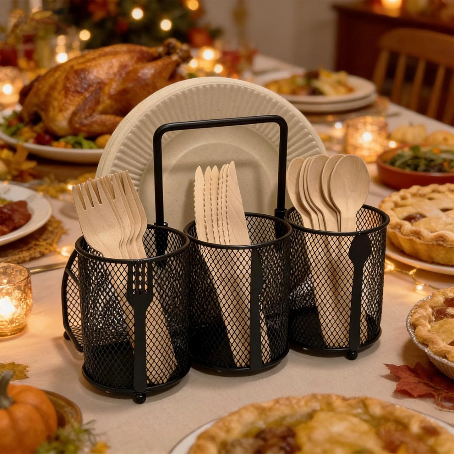 Silverware Organizer Utensil Caddy - 4 Compartment Metal Cutlery Holder Flatware Storage Basket Fork Spoon Napkin Paper Plate Kitchen Countertop Party Picnic Camping Buffet Outdoor (Gold)