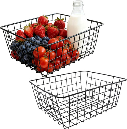 2Pcs Black Wire Kitchen Storage Baskets, Pantry Organization Accessories Basket, Stackable Metal Mesh Organizer with Handles, Multi-Purpose Basket for Fruits Bathroom Kitchen