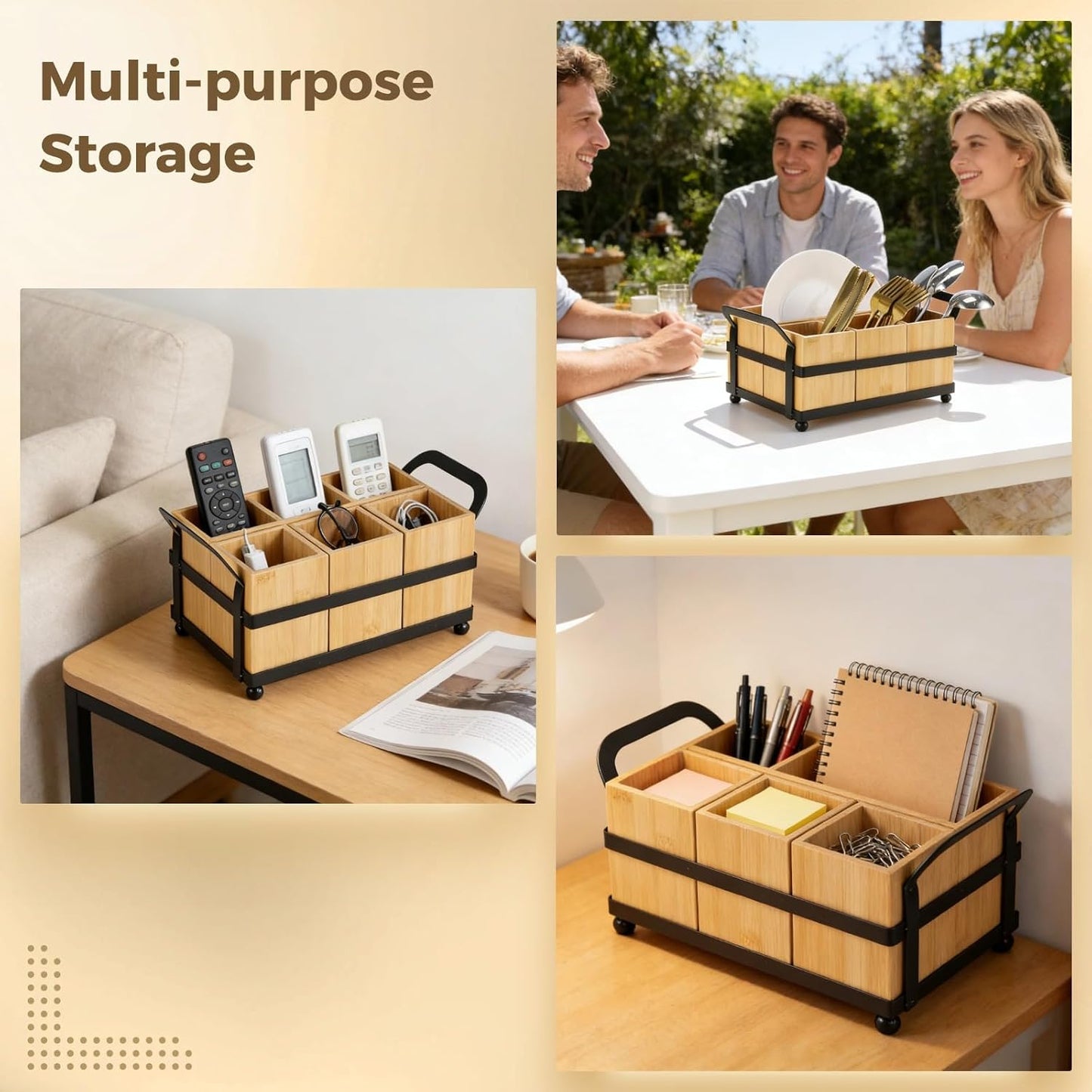 Silverware Caddy for Party, Wooden Kitchen Utensil Caddy with 4 Removable Compartments, Countertop Cutlery Flatware Organizer for Plates, Knives, Spoons, Forks, Napkins