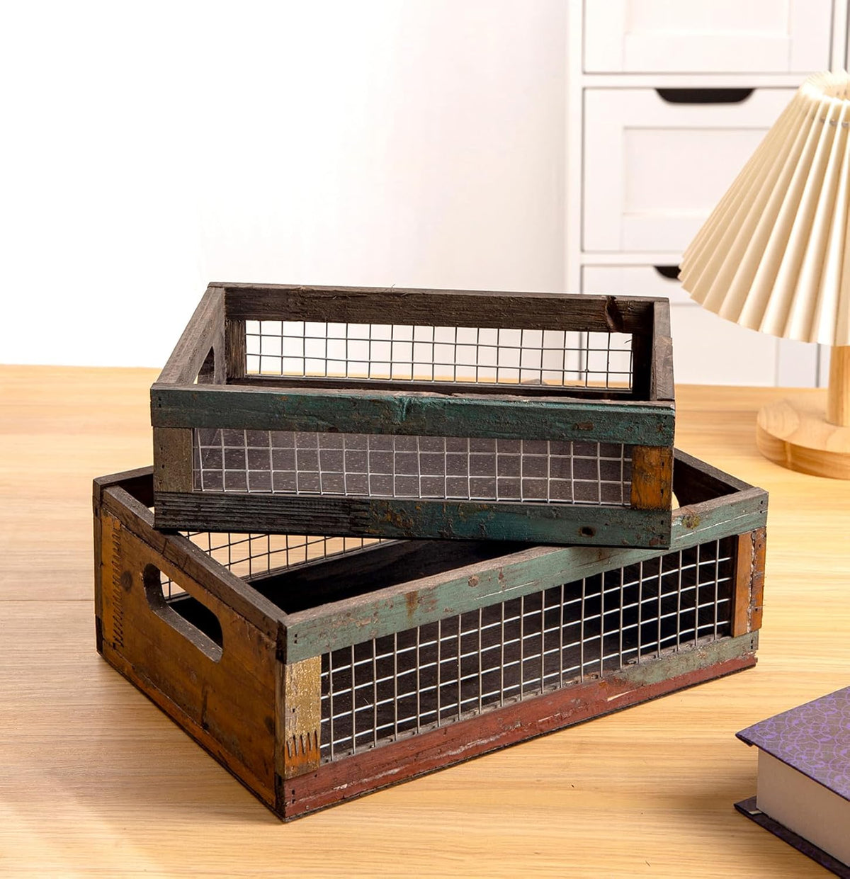 TIMRIS Set of 2 Rustic Wooden Countertop Baskets, Farmhouse Distressed Nesting Boxes, Small Decorative Wooden Storage Crates, Reclaimed Wood Organizer Baskets with Wire Mesh (Random)