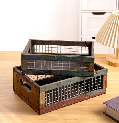 TIMRIS Set of 2 Rustic Wooden Countertop Baskets, Farmhouse Distressed Nesting Boxes, Small Decorative Wooden Storage Crates, Reclaimed Wood Organizer Baskets with Wire Mesh (Random)