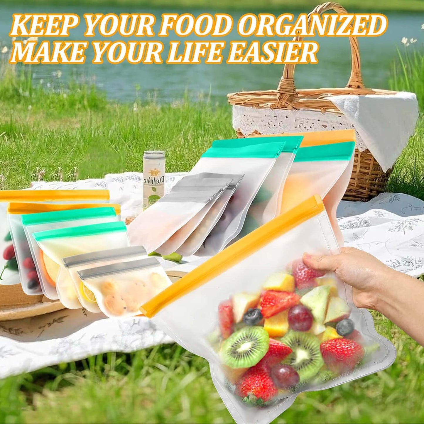28 Pack Reusable Freezer Bags Food Storage Bags, BPA Free Reusable Bags, Food Storage Containers for Meal Prep Containers, Salad Fruit,Vegetables, Dishwasher Safe, 8 Gallon 10 Sandwich 10 Snack