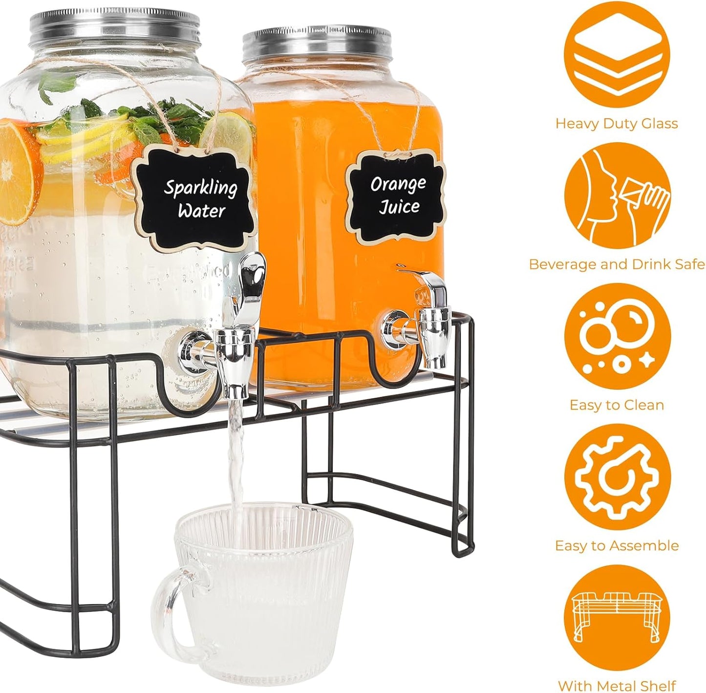 1 Gallon Glass Drink Dispensers with Wood Lid, 2 Pack Clear Beverage Dispenser with Stand and Spigot for Parties, Lemonade Dispenser with Markers and Chalkboard for BBQ, Picnic