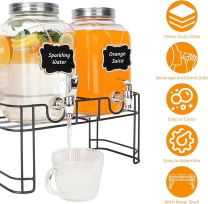 1 Gallon Glass Drink Dispensers with Wood Lid, 2 Pack Clear Beverage Dispenser with Stand and Spigot for Parties, Lemonade Dispenser with Markers and Chalkboard for BBQ, Picnic