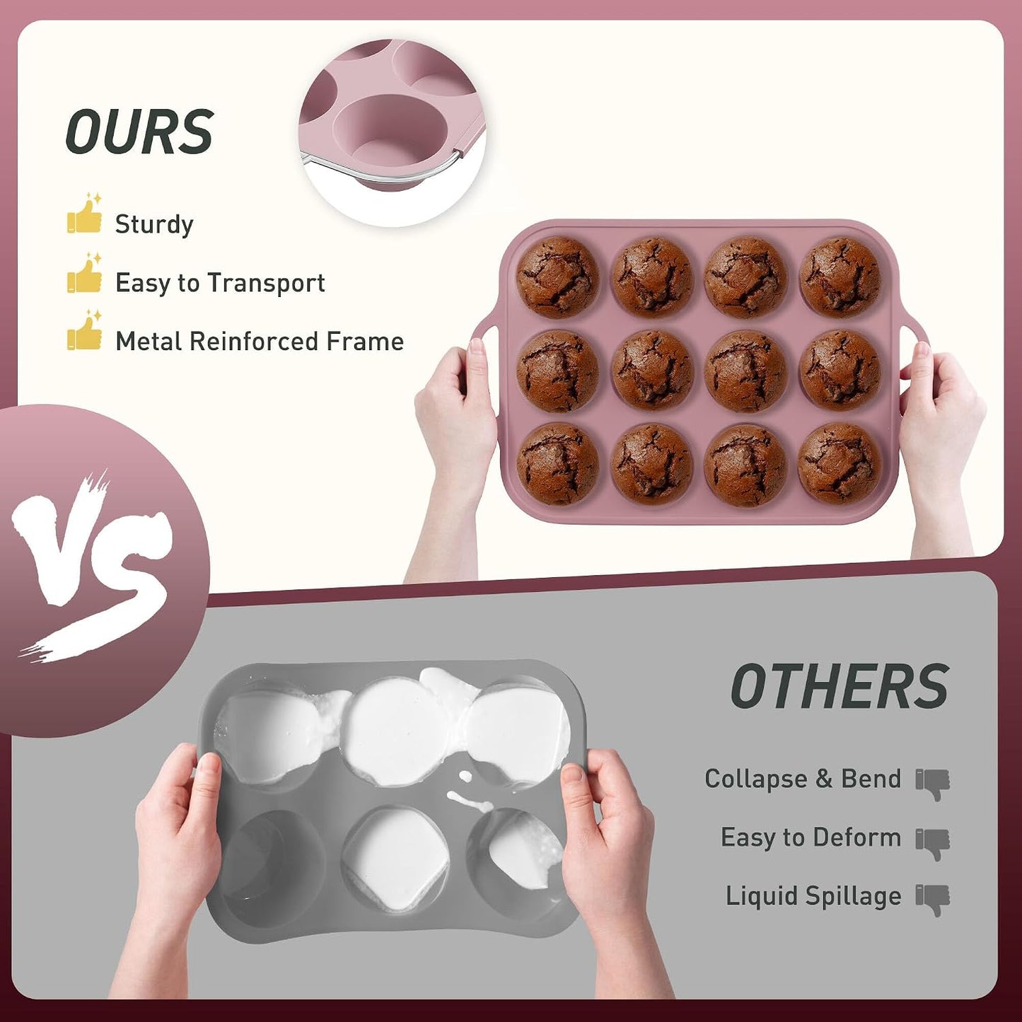 2 Packs 12 Cups Silicone Muffin Pan for Baking with Metal Reinforced Frame Regular Size Cupcake Pan Tray Egg Bites Silicone Cookie Molds Muffin Tin Tart Pans Sheet Set for Oven Dishwasher Safe