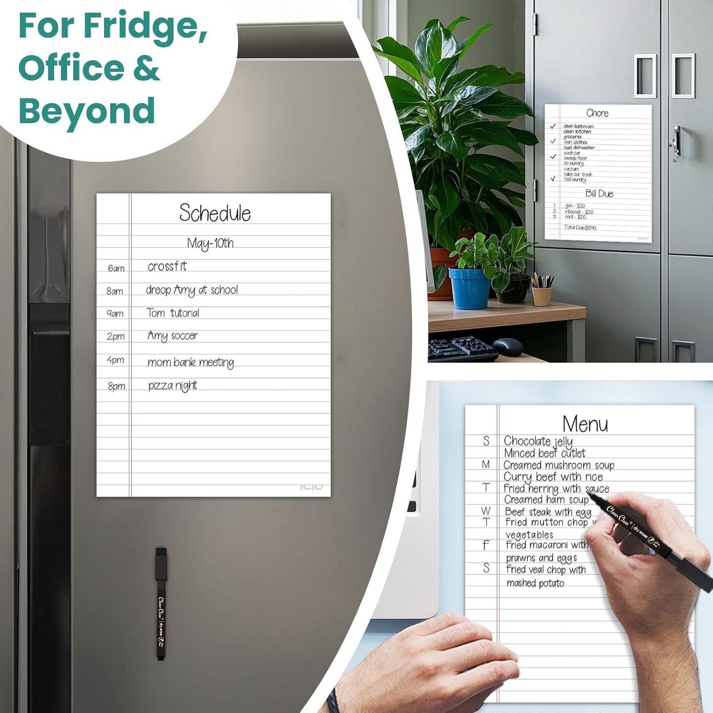 Magnetic Dry Erase Board - 8.5”x11” Dry Erase Whiteboard in 3 Colors - Reusable Blank Whiteboard for Fridge – 6 Dry Erase Markers Included