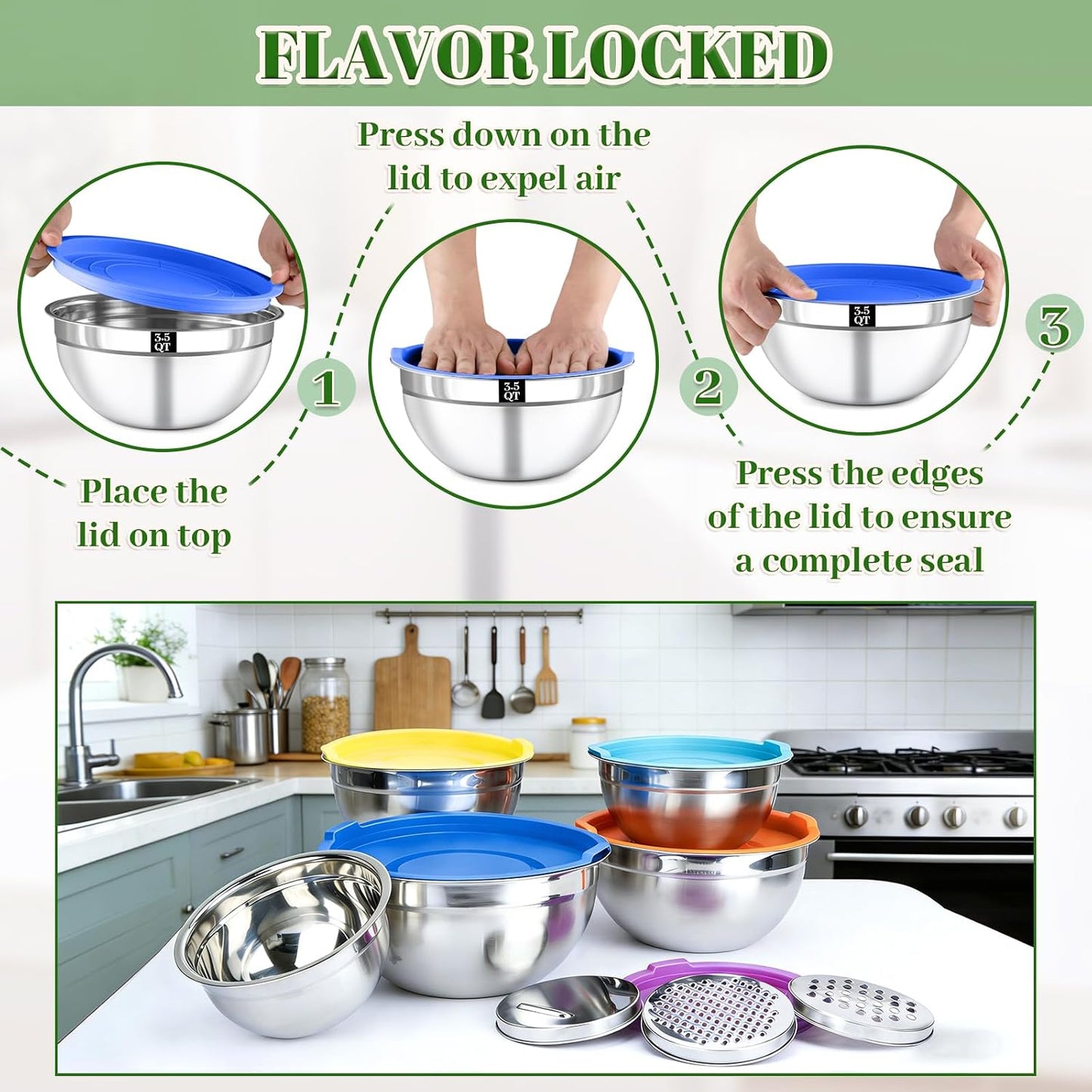 21PCS Mixing Bowls with Lids Set - 7 Nesting Mixing Bowls, 3 Graters, 11 Baking Tools, Lids, Stainless Steel Mixing Bowl for Mixing & Baking, Size 0.7/1.1/1.5/2.1/3.5/4/4.5 QT, Colorful