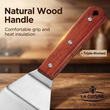 La Cuisine Extra Flexible Stainless Steel Fish Slotted Spatula Turner with Beveled Edge Wood handle, 6.5" Blade, 11" Length for Flipping Fish, Eggs, Pancakes, Patties & Fries