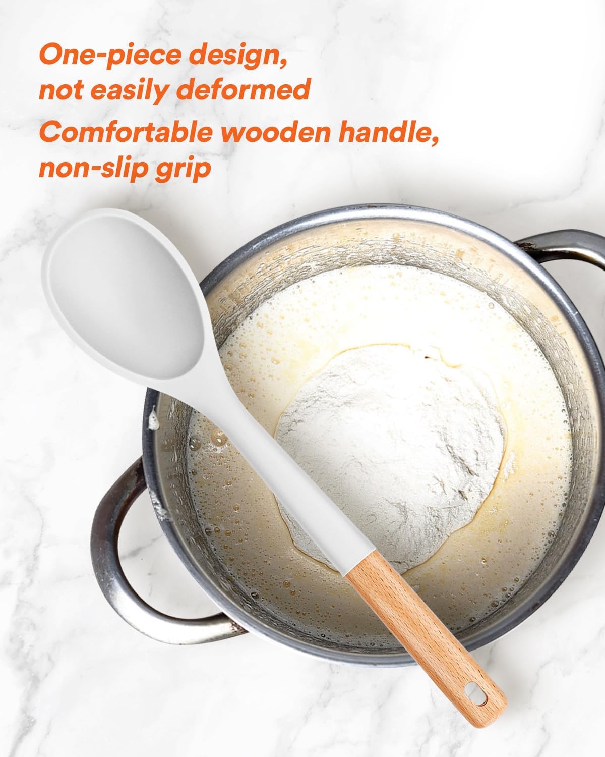 Large Silicone Cooking Spoons, Nonstick Solid Wooden Handle Spoon, Heat Resistan Silicone Kitchen Spoons for Cooking, Serving, Basting, Mixing, 13.2inch (Grey)