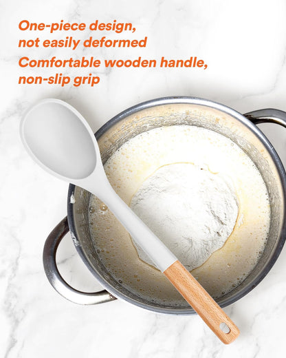 Large Silicone Cooking Spoons, Nonstick Solid Wooden Handle Spoon, Heat Resistan Silicone Kitchen Spoons for Cooking, Serving, Basting, Mixing, 13.2inch (Grey)