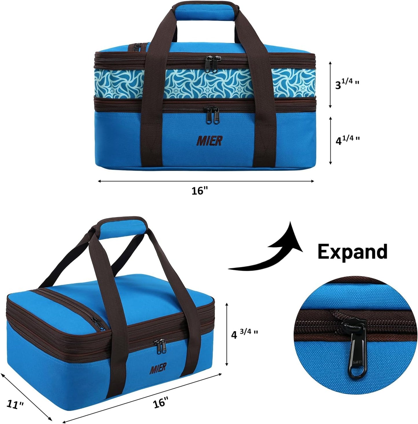 MIER Insulated Double Casserole Carrier Bag for Lasagna Lugger, Potluck Parties, Picnic, Beach, Fits 9 x 13 Inches Baking Dish, Casserole Dish, Expandable, Dark Blue