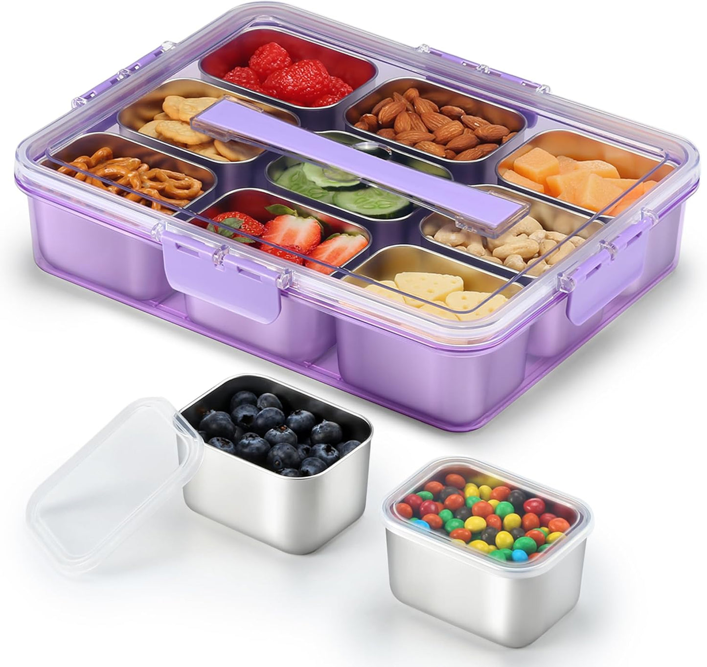 Snackle Box Container, Stainless Steel Snack Containers for Adults, 9 Compartments Divided Serving Tray with Lids and Handle, Portable Snack Platter for Parties, Grey