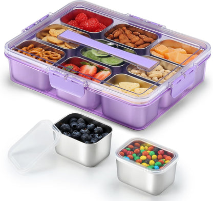 Snackle Box Container, Stainless Steel Snack Containers for Adults, 9 Compartments Divided Serving Tray with Lids and Handle, Portable Snack Platter for Parties, Grey