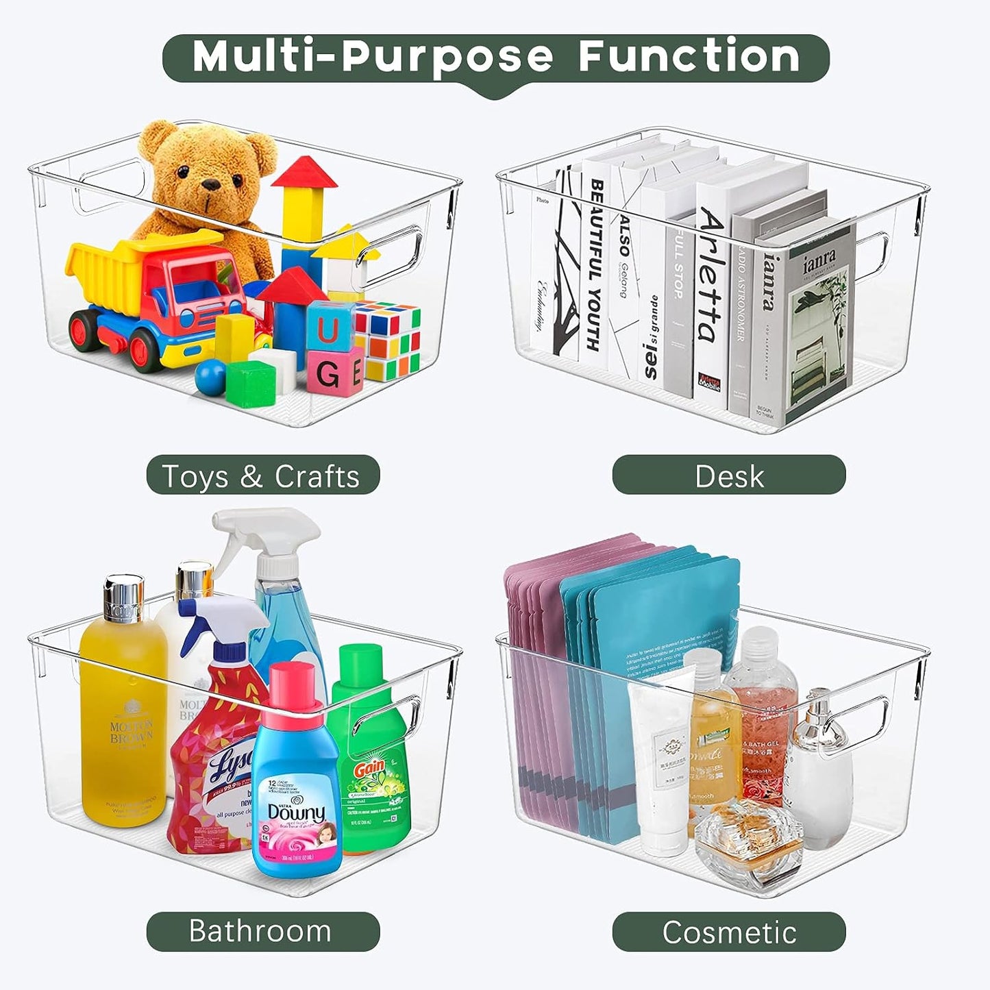 4 Pack Kitchen Organizers - Clear Plastic Storage Bins for Fridge, Pantry, Cabinet, Countertops and Bathroom