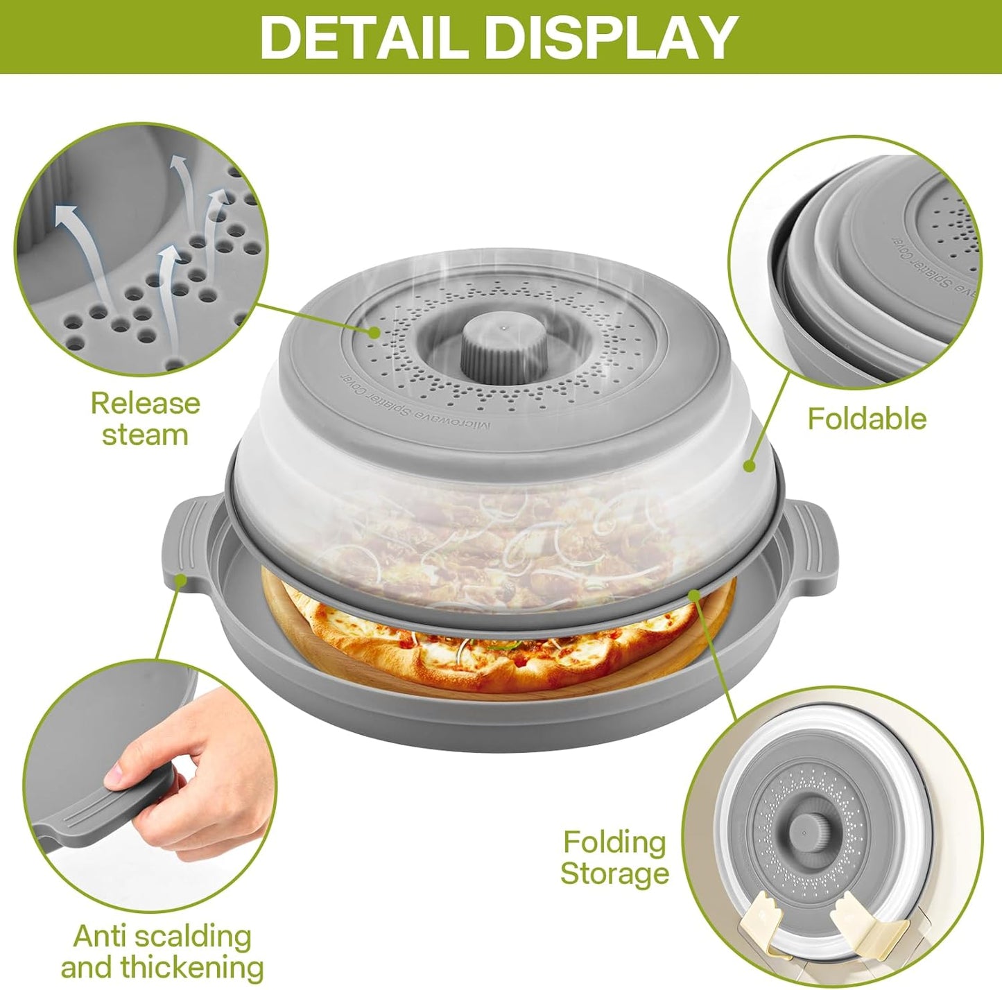 Microwave Splatter Cover for Food with Anti-scald Base Plate,Large Plastic & Silicone Vented Avoid Scalding Collapsible Guard Lid, Plate & Kitchen Colander for Meal Prep-10.7 Inch (2pcs-Gray-Black)