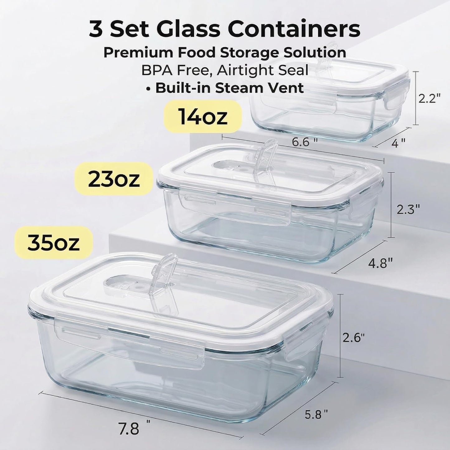 Glass Food Storage Containers with Airtight Lids, 3-Piece Set, Stackable Meal Prep Containers (Transparent White)