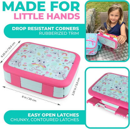 Kids Lunch Box - Bento Box for Boys Toddler Daycare, 4 Portion Sections with Lid, Snack Container Pre-School Kid Lunches Toddlers Removable Tray BPA Free, 3+ Years Old, Blue Rocket Dinosaur