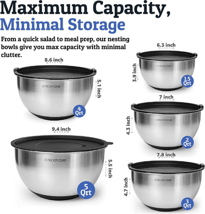 Priority Chef Stainless Steel Mixing Bowls with Lids Set, Metal Nesting Bowls with Airtight Lids, Graters, Non-Slip Base & Measurement Marks, Includes Utensil Set for Prep, Baking & Storage, Black