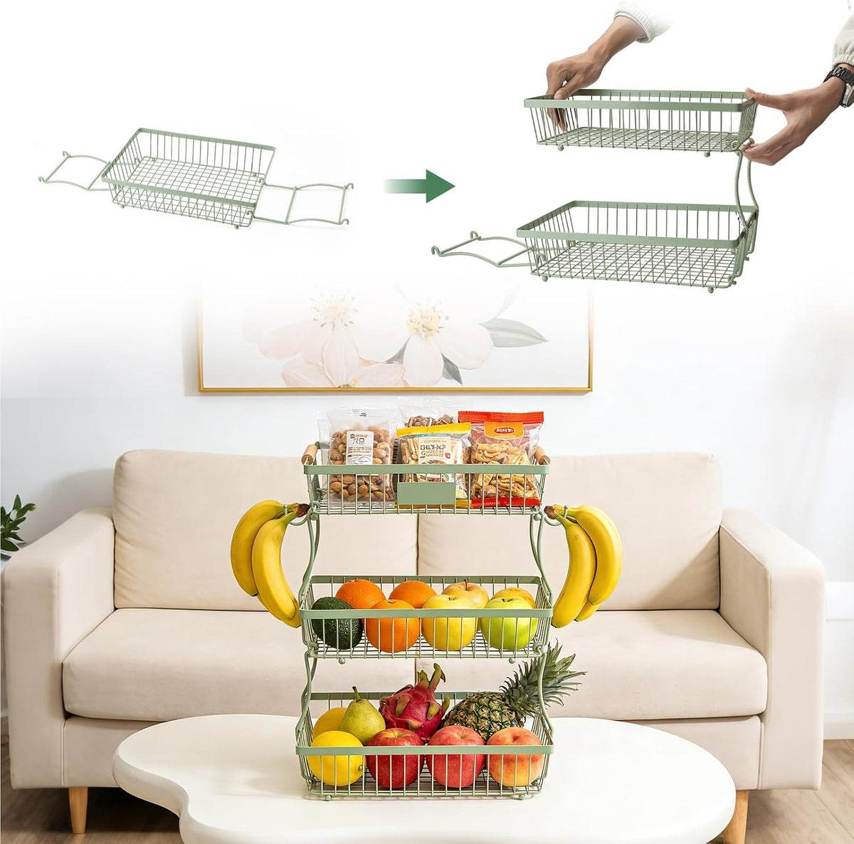 Fruit Basket Bowl 2 Tier Detachable with 2 Banana Hangers, Fruit Stand Holder for Kitchen Countertop, Metal Wire Vegetable Storage Organizer, for Bread Snack Veggies Produce, Black