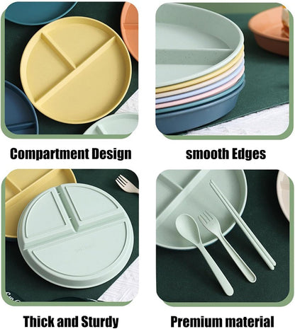 8 Packs 9 Inch Divided Plates For Adults, 3 Compartment Portion Control Plates, Lightweight Reusable Dinnerware Portion Control Plastic Microwave Safe