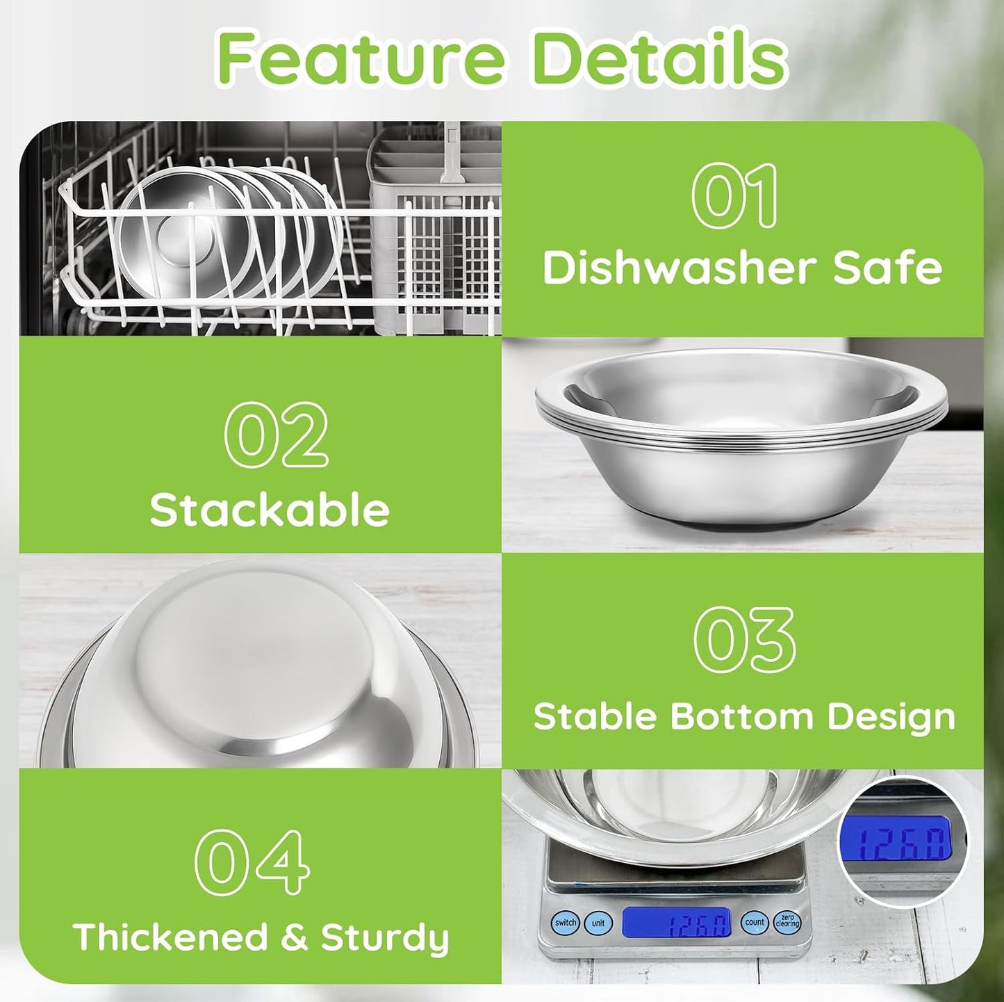 304(18/8) Stainless Steel Mixing Bowls for Kitchen, 4 Pack 7.8" 28.89 fl.oz Metal Mixing Bowls Set Stackable for Baking Serving Cooking Food Prep Storage Dishwasher Safe Heavy Duty