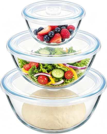 E-far Glass Mixing Bowls with Airtight Lids Set of 3, 4.8,2.9,0.8 Qt Clear Glass Salad Bowls for Cooking Prep Baking Serving, Large Nesting Bowls for Storage Sourdough Proofing, Dishwasher Safe