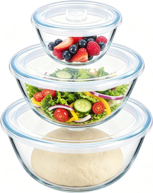 E-far Glass Mixing Bowls with Airtight Lids Set of 3, 4.8,2.9,0.8 Qt Clear Glass Salad Bowls for Cooking Prep Baking Serving, Large Nesting Bowls for Storage Sourdough Proofing, Dishwasher Safe