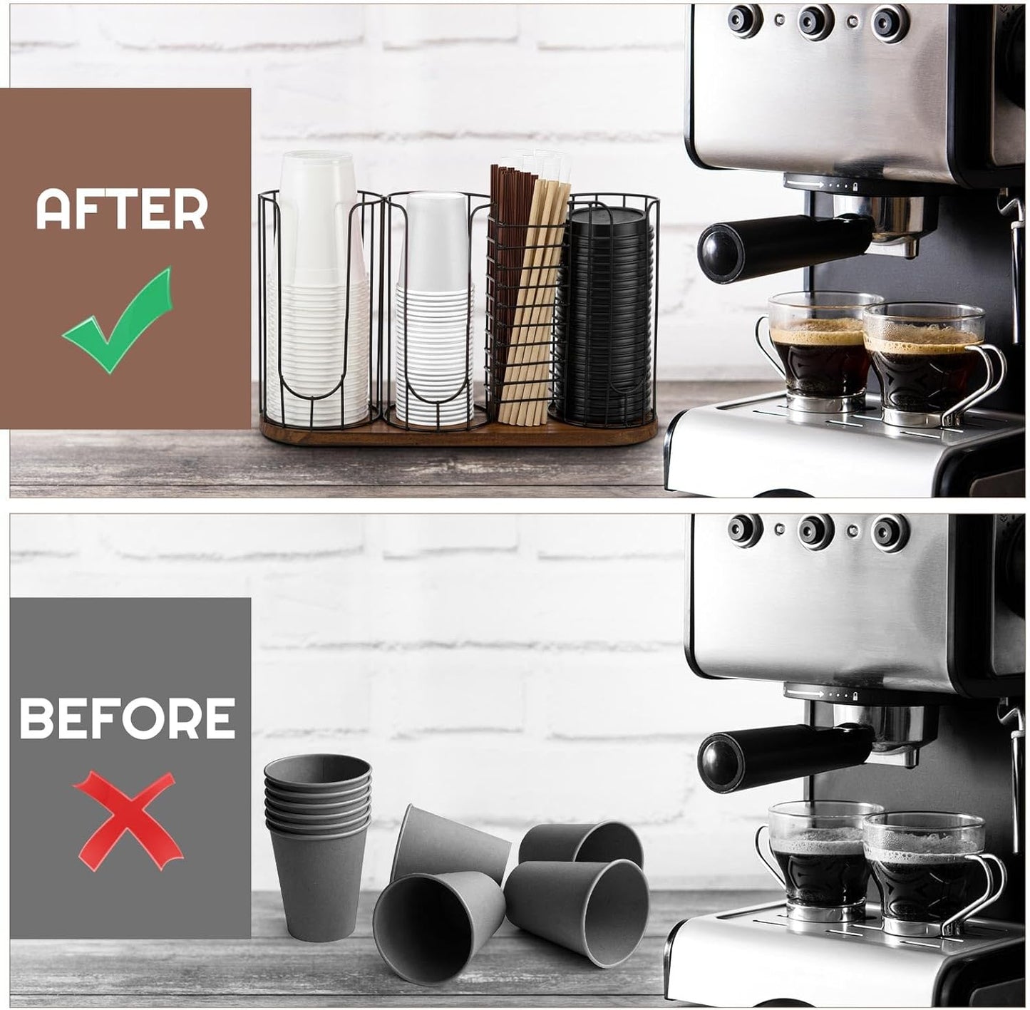 Geelin 18oz Adjustable Coffee Cup Dispenser with Wooden Base, Cup and Lid Holder, Cups Holder Organizer for Coffee Pod Straw and Lid Storage(2-compartment Single,Color 2)