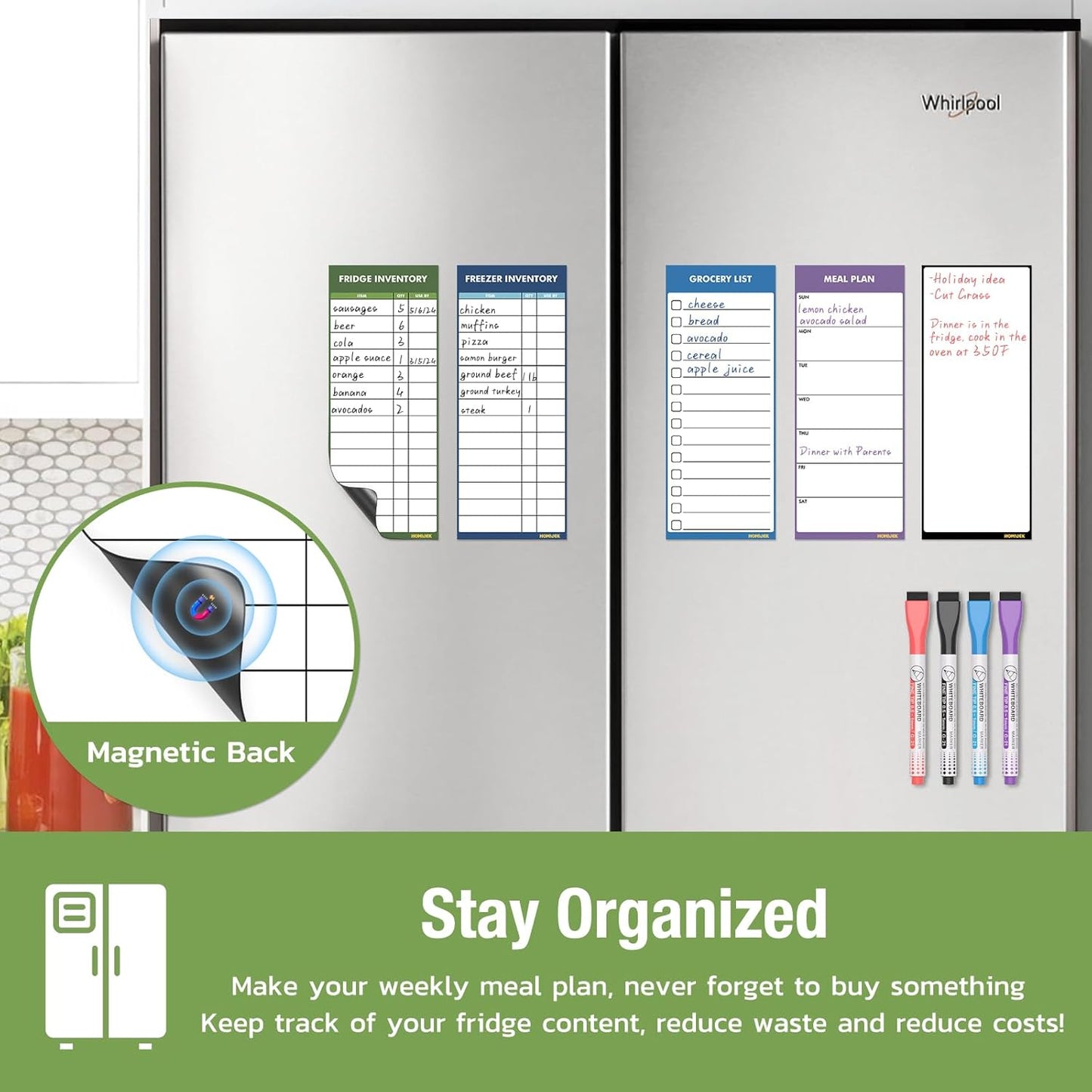 Magnetic White Board for Fridge - Dry Erase Meal Planner for Refrigerator - Weekly Menu Board, Grocery List, Memo Pad, Fridge and Freezer Inventory List - Kitchen Whiteboard with 4 Markers - 4" x 10"