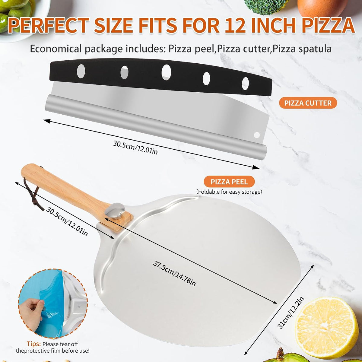 12” x 14” Aluminum Pizza Peel Set, Pizza Paddle with Foldable Handle