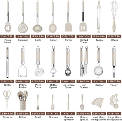 Kitchen Utensils Set-Silicone Cooking Utensils-33pcs Non-Stick Silicone Cooking Kitchen Utensils Spatula Set with Holder-Best Kitchen Cookware with Stainless Steel Handle (Khaki)