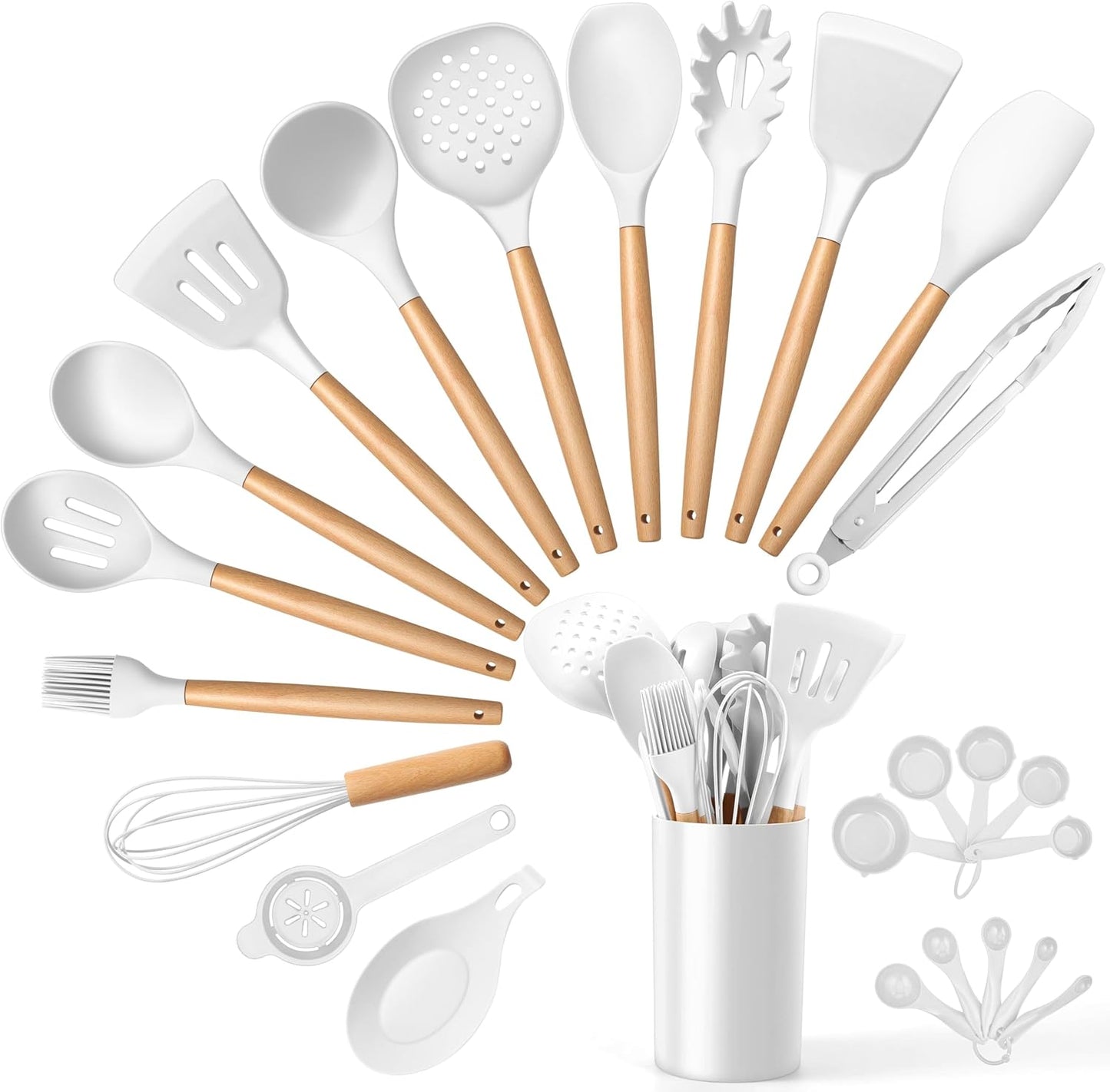 E-far Silicone Cooking Utensils Set, 5-Piece Kitchen Utensils Set with Wooden Handle for Cooking, Silicone Kitchen Nonstick Tools Spatula Turner Slotted Spoons, Nontoxic & Heat Resistant-Khaki