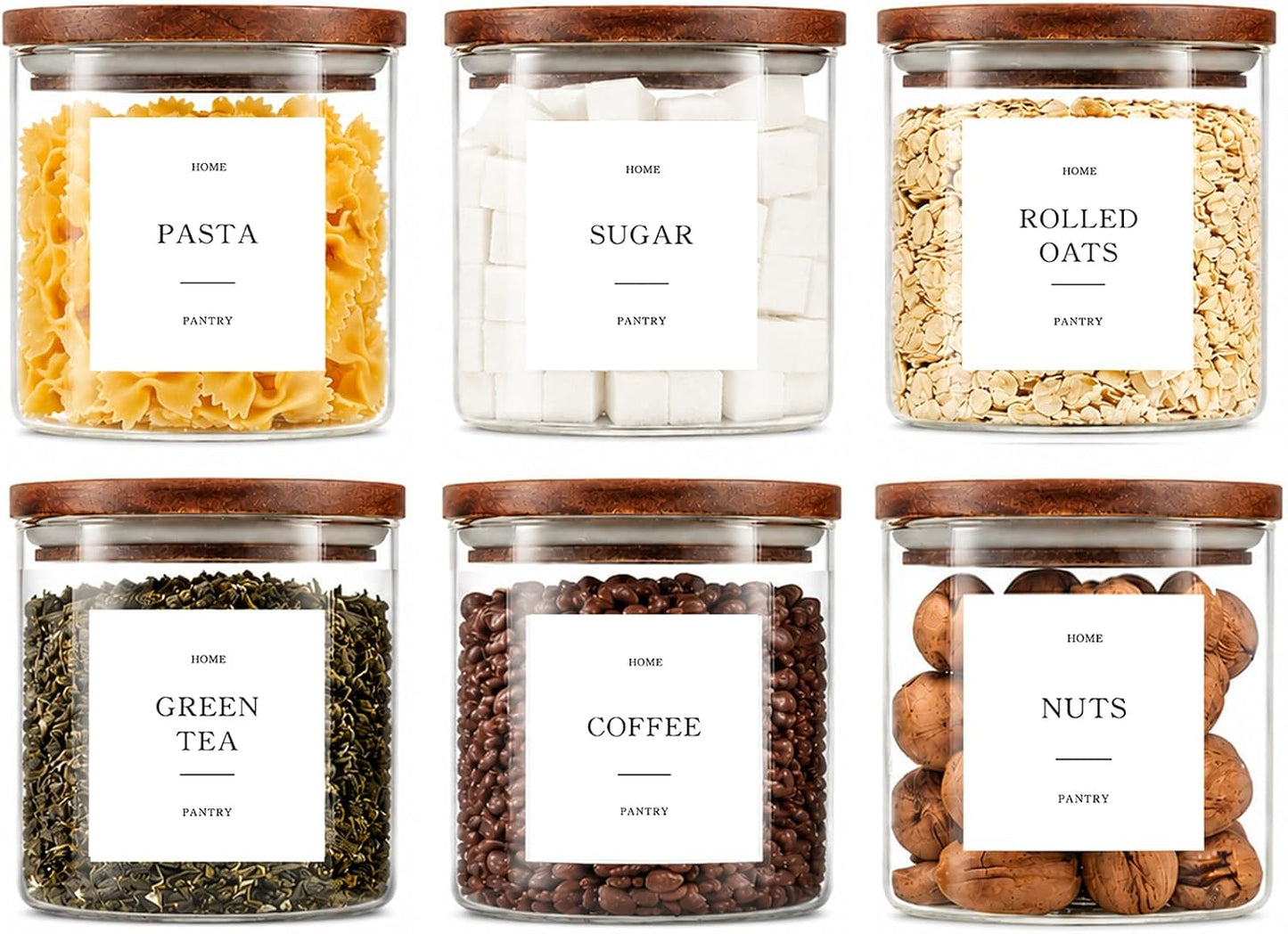 2 Pack Glass Rice Containers with Acacia Wood Lids, 70oz Airtight Flour and Sugar Jars with 105 Labels, Large Glass Pantry Storage Jars for Cereal, Protein Powder, Cookies, Dry Food