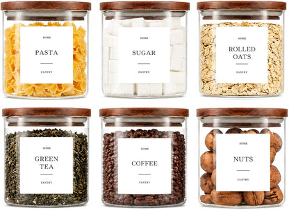 2 Pack Glass Rice Containers with Acacia Wood Lids, 70oz Airtight Flour and Sugar Jars with 105 Labels, Large Glass Pantry Storage Jars for Cereal, Protein Powder, Cookies, Dry Food