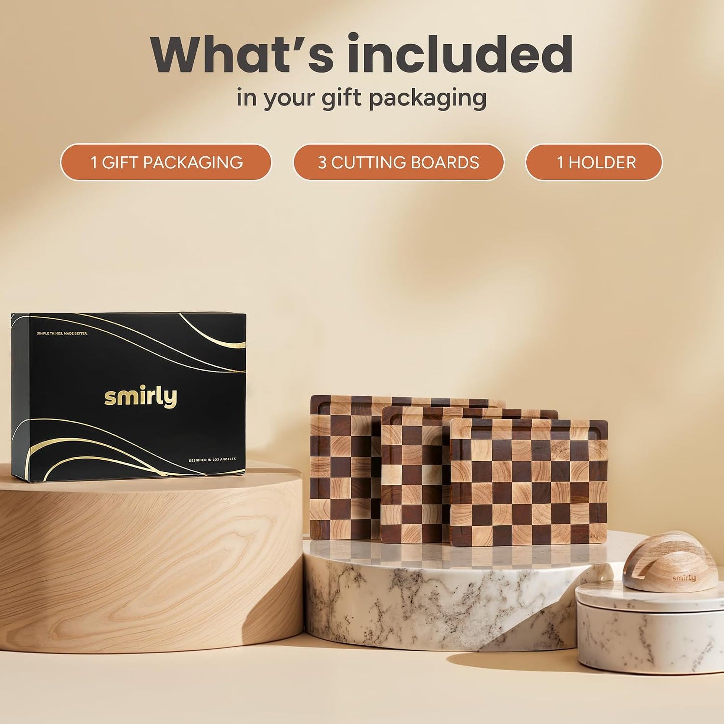SMIRLY Walnut Cutting Board for Kitchen - Wood Cutting Boards with Handle and Juice Groove for Meal Prep, Serving, Charcuterie - Kitchen Gadgets - Non Toxic Wooden Chopping Board Set of 3 with Holder