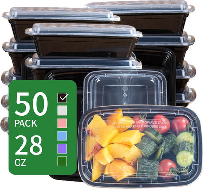 30oz Meal Prep Containers Bulk 50-Pack - 2-Compartment with Lids, Leakproof, Microwave/Freezer/Dishwasher Safe - Commercial Food Storage, Black