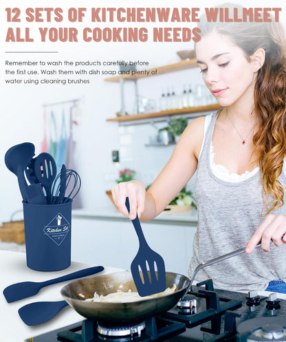 Kitchen Utensils Set-12 Pieces Silicone Cooking Utensils Set (Dishwasher Safe) 392°F Heat Resistant Spatula Set,Kitchen Utensil Set for Nonstick Cookware,Best Kitchen Tools with Holder