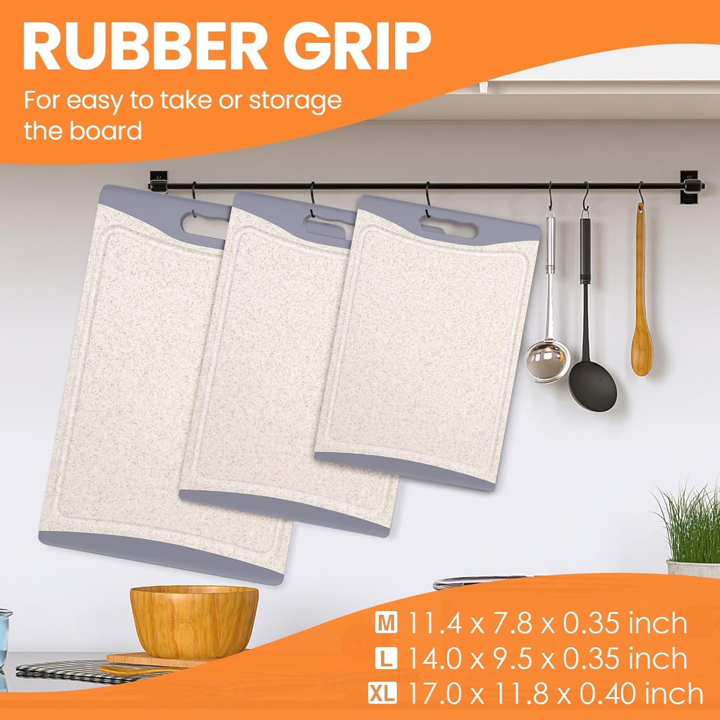 Extra Large Cutting Boards, Plastic Cutting Boards for Kitchen (Set of 3) Cutting Board Set Dishwasher Chopping Board with Juice Grooves Easy-Grip Handles, Dark Grey, Empune
