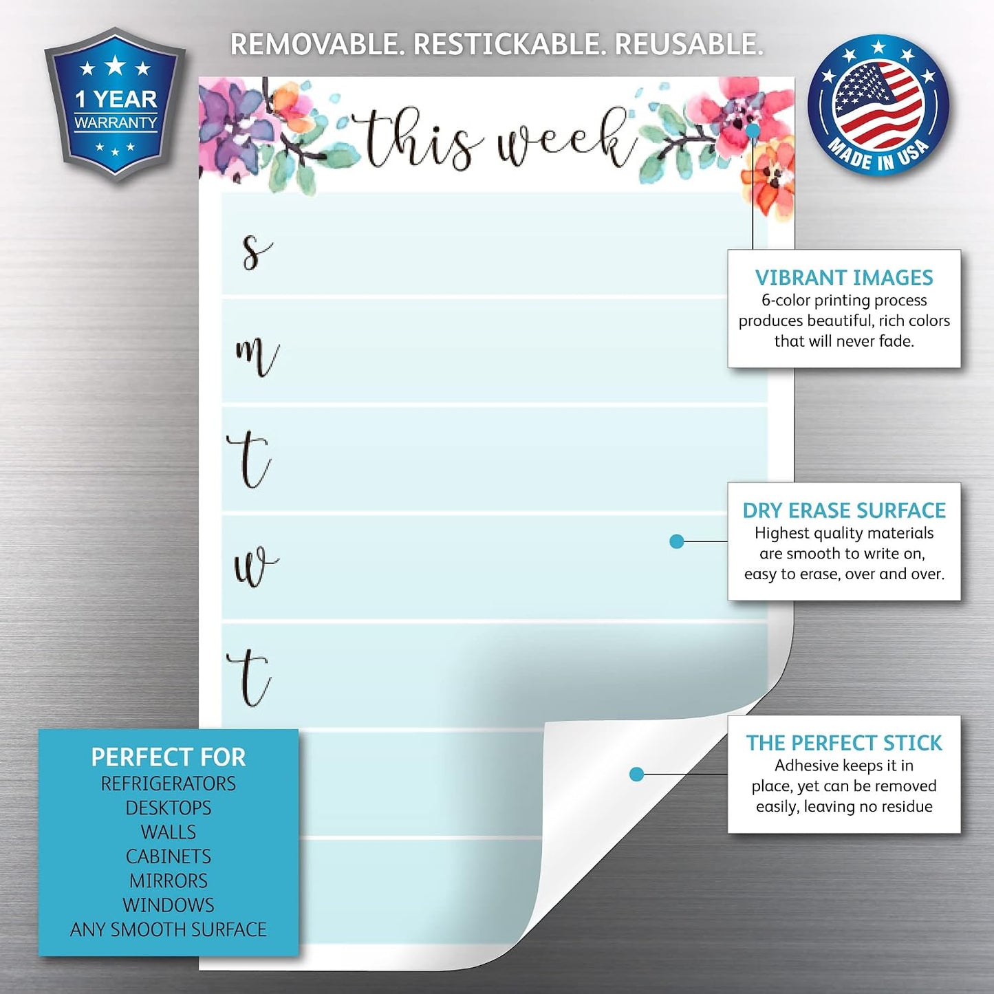 Dry Erase Weekly Calendar Planner Sticker Decal | Removable & Reusable | Magnetic Fine-Tip Marker Included (6 x 9 inches, White)