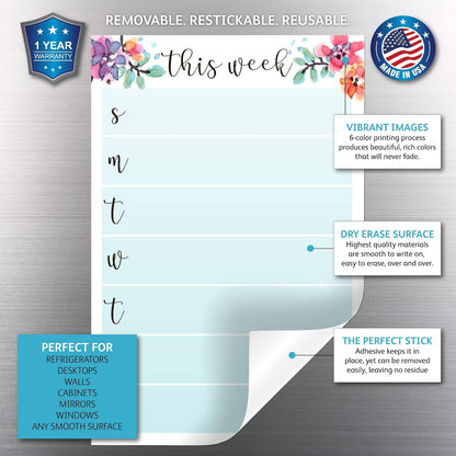 Dry Erase Weekly Calendar Planner Sticker Decal | Removable & Reusable | Magnetic Fine-Tip Marker Included (6 x 9 inches, White)