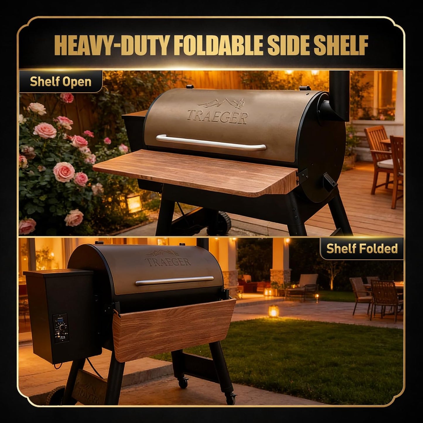 QuliMetal Folding Front Shelf for Traeger Pro 34, Texas Elite 34, Century 885 and Eastwood 34, 37" x 12" Heavy-Duty Grill Prep Table with Cutting Board, Stainless Steel Basin, Lid and 5 Hooks