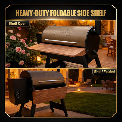 QuliMetal Folding Front Shelf for Traeger Pro 34, Texas Elite 34, Century 885 and Eastwood 34, 37" x 12" Heavy-Duty Grill Prep Table with Cutting Board, Stainless Steel Basin, Lid and 5 Hooks