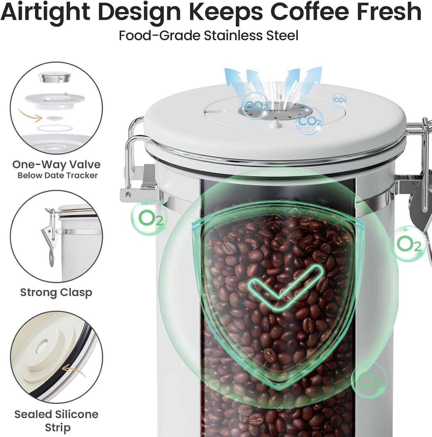 Veken Coffee Canister with Window, Family Choice Awards Winner, Airtight Stainless Steel Home Kitchen Food Storage Container with Lids for Grounds, Beans, Tea, Flour,Cereal,Sugar Jars,Scoop,16OZ,Black