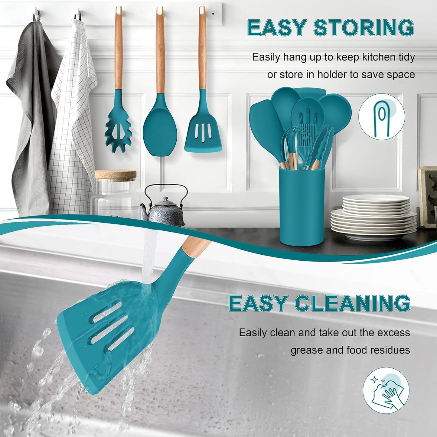 P&P CHEF Silicone Cooking Utensils Set, 12PCS Kitchen Utensils Set with Wooden Handle for Nonstick Cookware, Ladle, Spoon, Spatula, Tong, Heat-resistant & Non-scratch, Non Smell & Healthy, Khaki