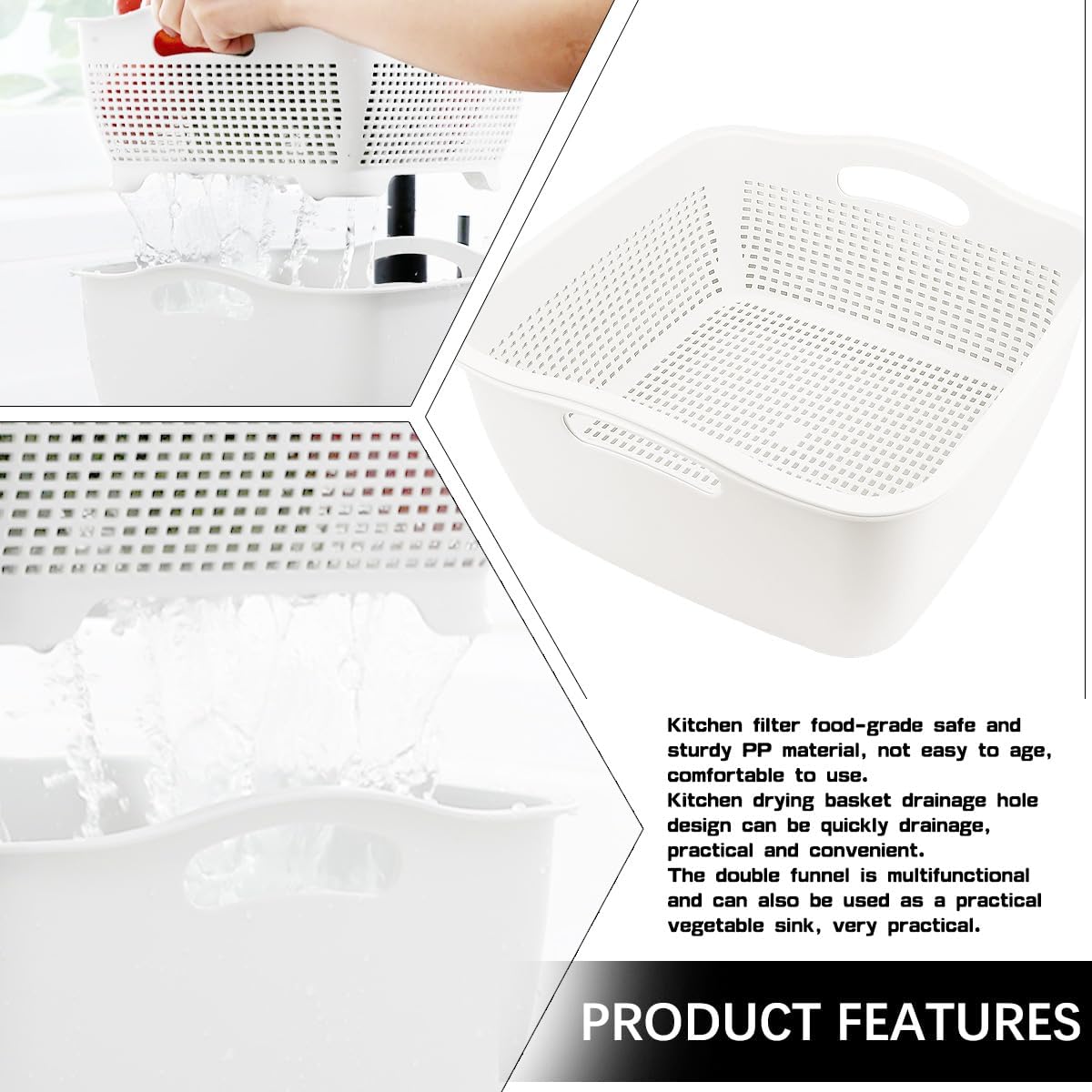 Double-layer Draining Basket Plastic Fruits & Vegetable Washing Basket for Kitchen (Blue)