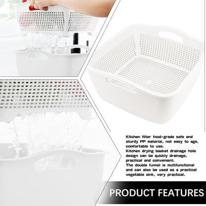 Double-layer Draining Basket Plastic Fruits & Vegetable Washing Basket for Kitchen (Blue)