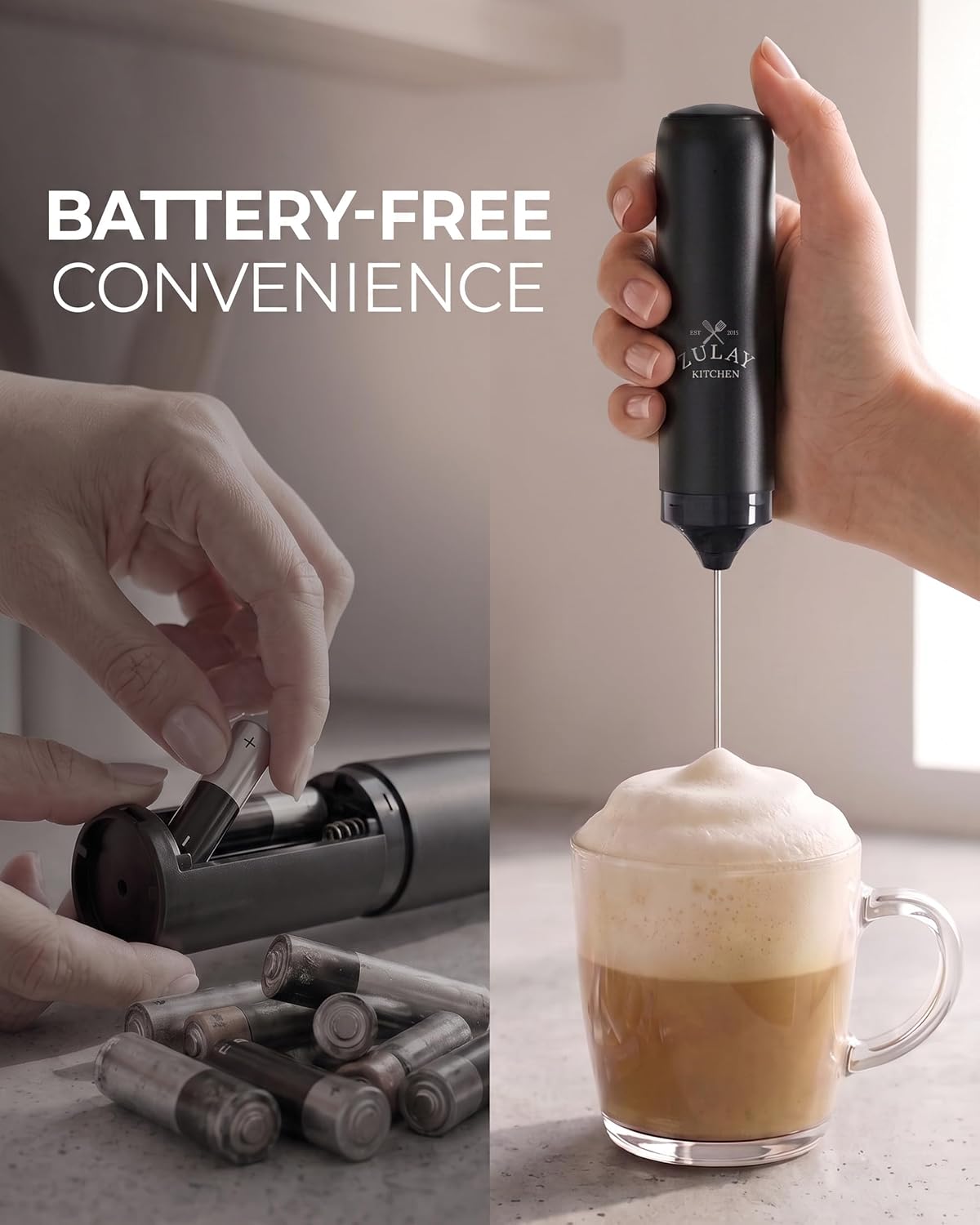 Zulay Kitchen Rechargeable Milk Frother Handheld - Frother Wand, Drink Mixer, Electric Whisk Frother, for Cappuccinos, Matcha & Protein Powder - Dynamic 3 Whisk, 3 Speed 500mAh Black - Colors C