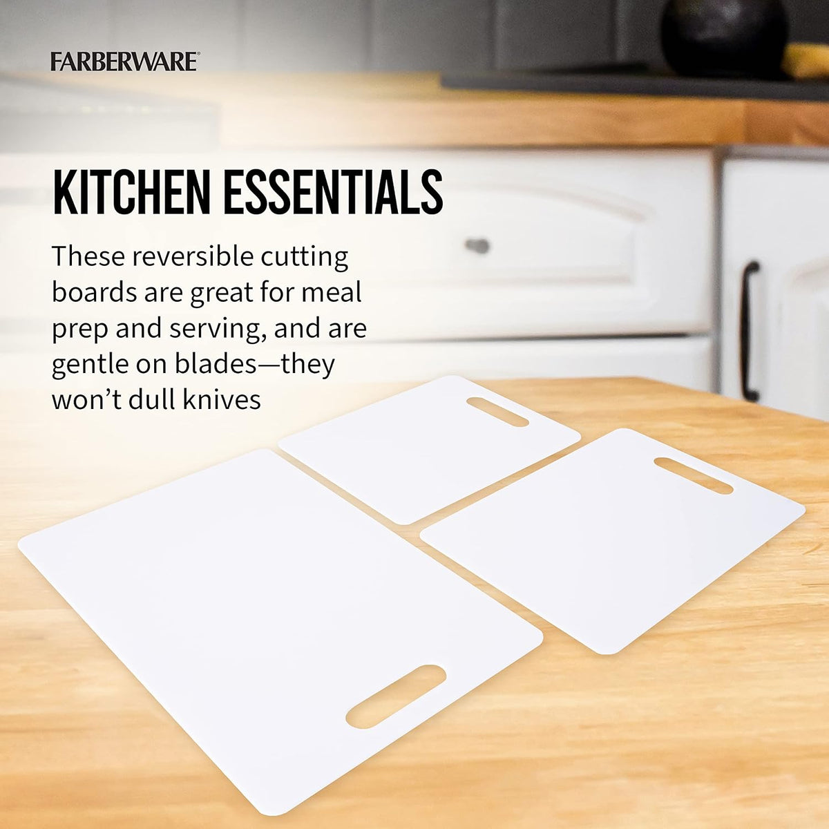 Farberware Cutting Boards for Kitchen, 3-Piece Poly Board Set, Reversible Plastic Cutting Boards, Dishwasher Safe, Odor and Stain Resistant, Gentle on Knives, 8.5x11, 9x13, 11x16 Inch