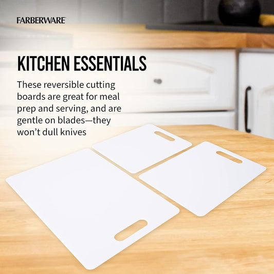 Farberware Cutting Boards for Kitchen, 3-Piece Poly Board Set, Reversible Plastic Cutting Boards, Dishwasher Safe, Odor and Stain Resistant, Gentle on Knives, 8.5x11, 9x13, 11x16 Inch