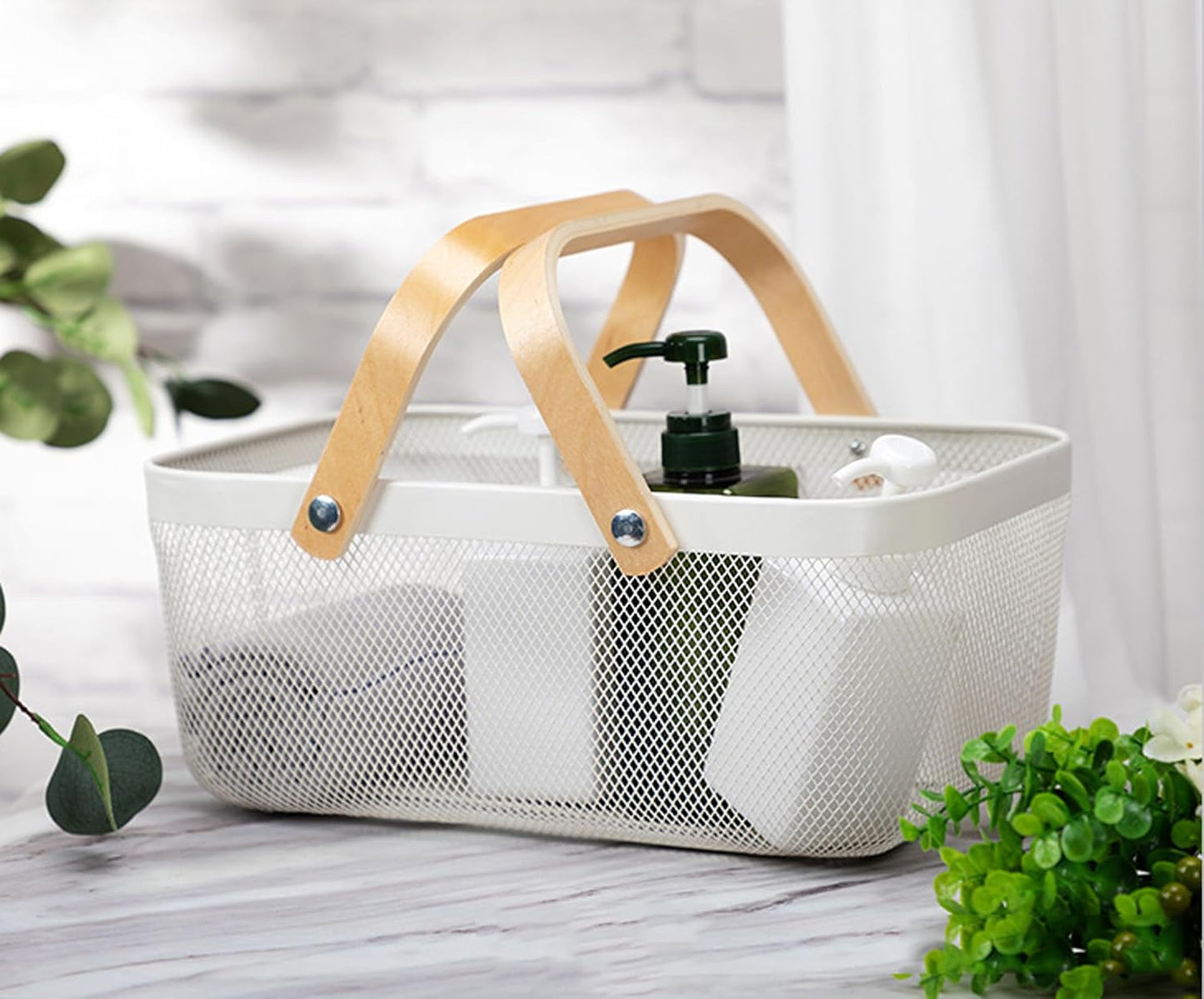 Cheardia 2 Pack Picnic Baskets, Metal Mesh Harvest Basket with Foldable Wooden Handle, Rectangle Garden Storage Basket Bin for Vegetable Fruit Garden Kitchen Cabinet Picking Gathering